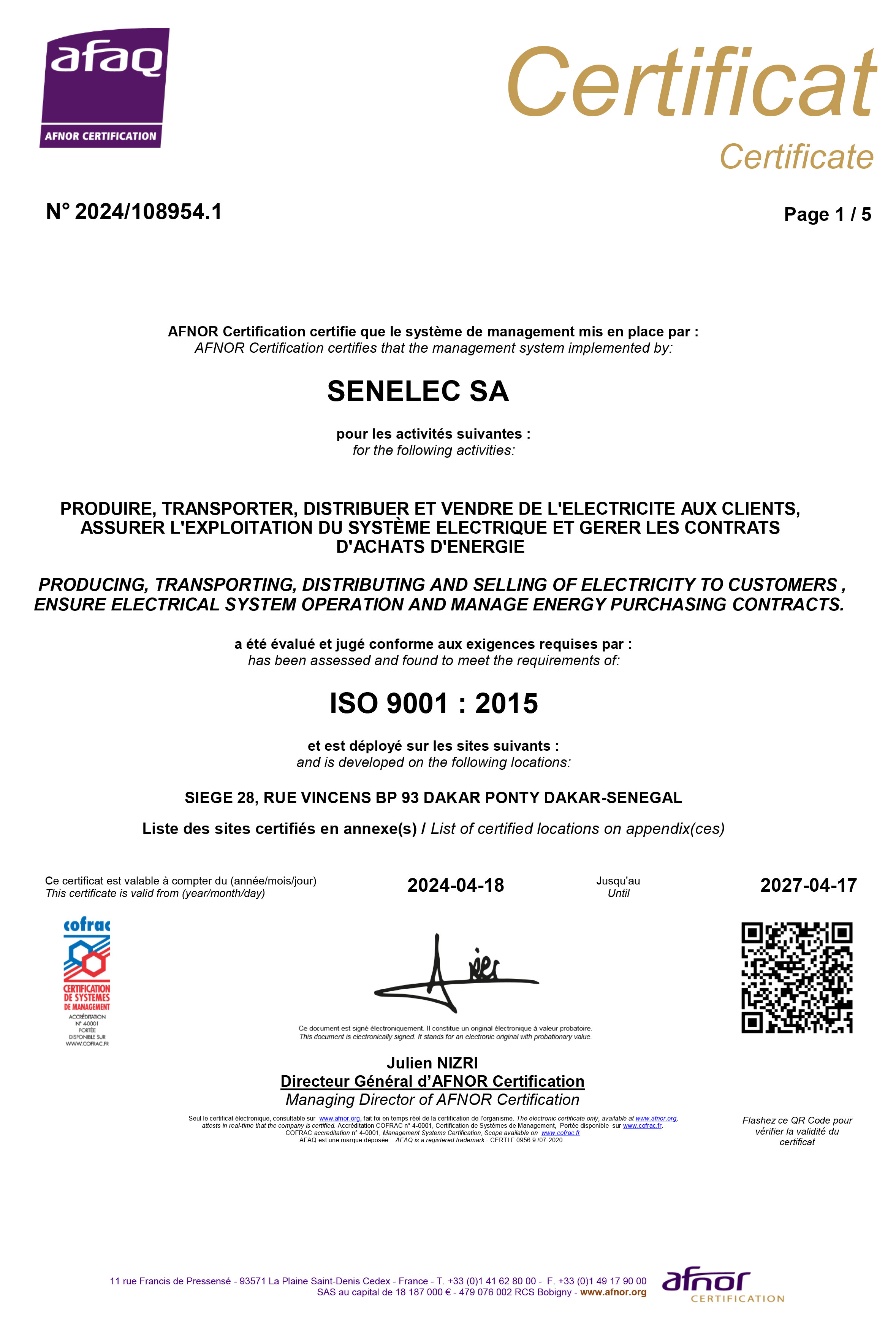 Certification ISO 9001 page 1