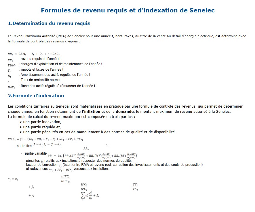 Formules de revenu requis et d'indexation de Senelec